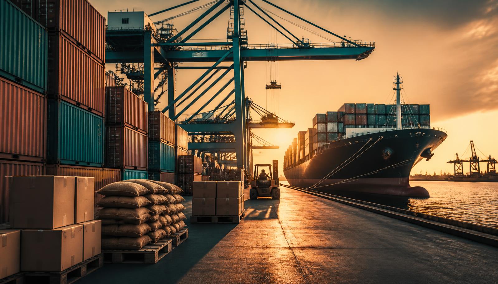 Container ship, gantry cranes and palletised export cargo at an Indian seaport at sunset